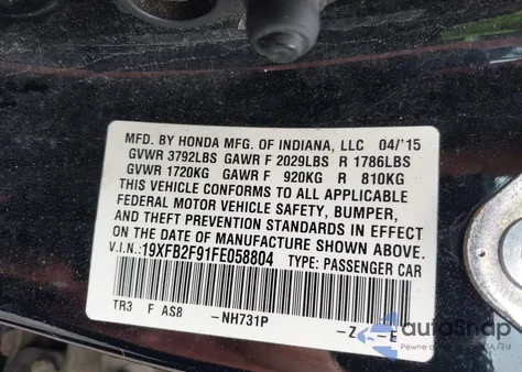 2015 Honda Civic Ex-L из США, поврежденный, VIN 19XFB2F91FE058804